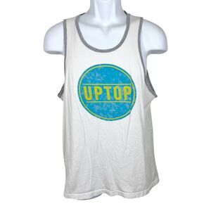 Uptop Tank Top Men Medium White Grey Trim Graphic Sleeveless Shirt